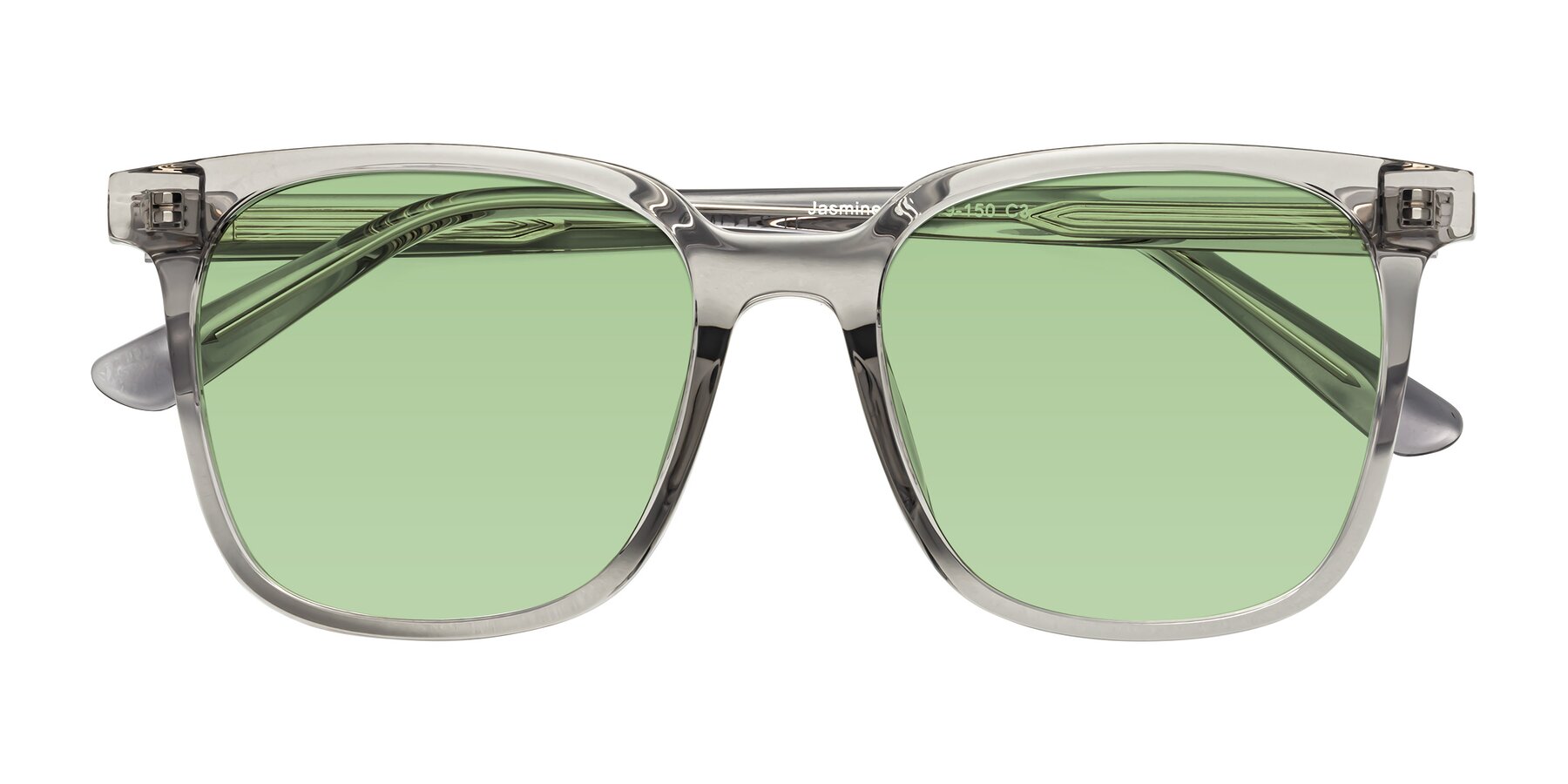 Folded Front of Jasmine in Translucent Gray with Medium Green Tinted Lenses