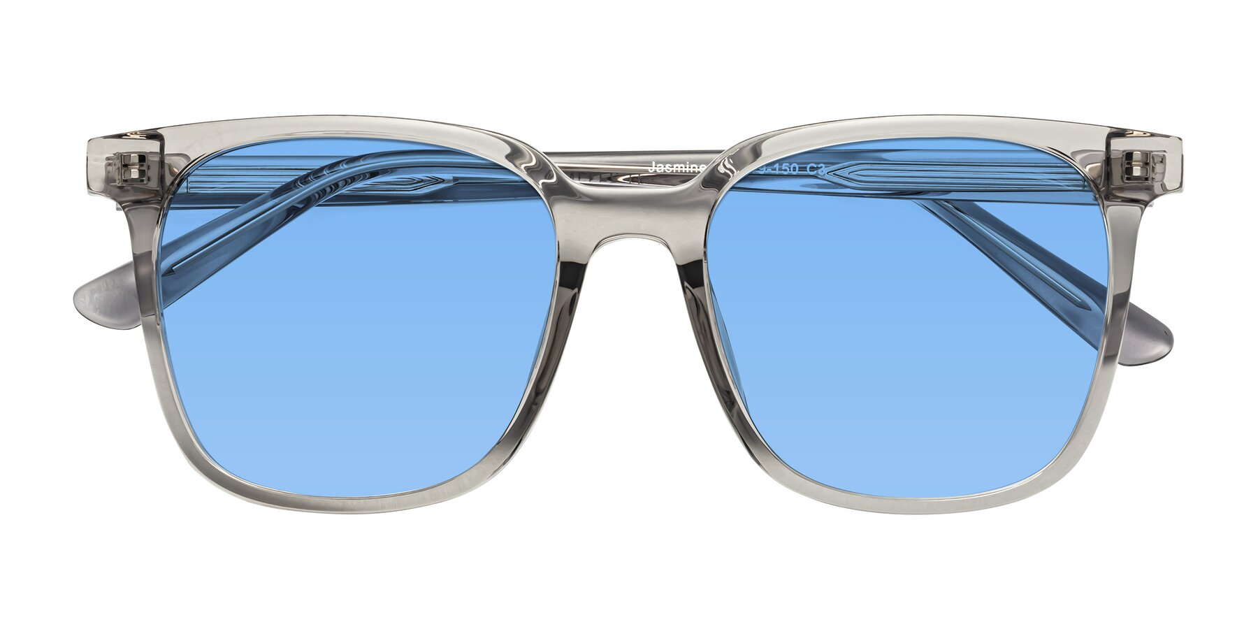 Folded Front of Jasmine in Translucent Gray with Medium Blue Tinted Lenses