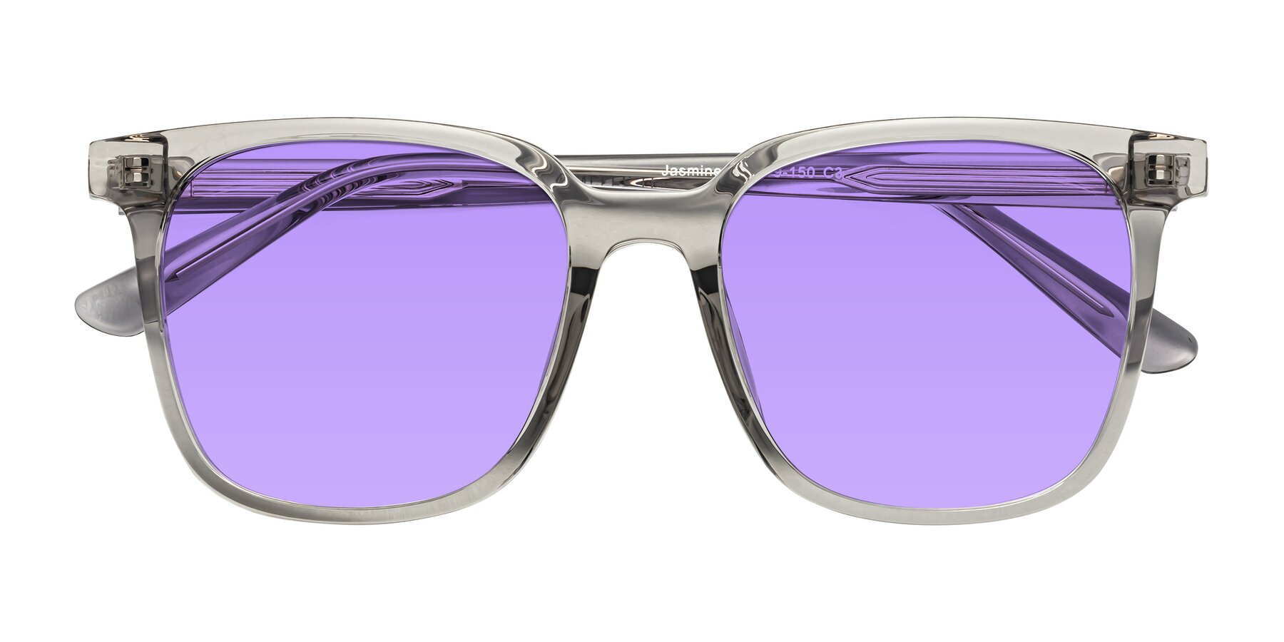 Folded Front of Jasmine in Translucent Gray with Medium Purple Tinted Lenses