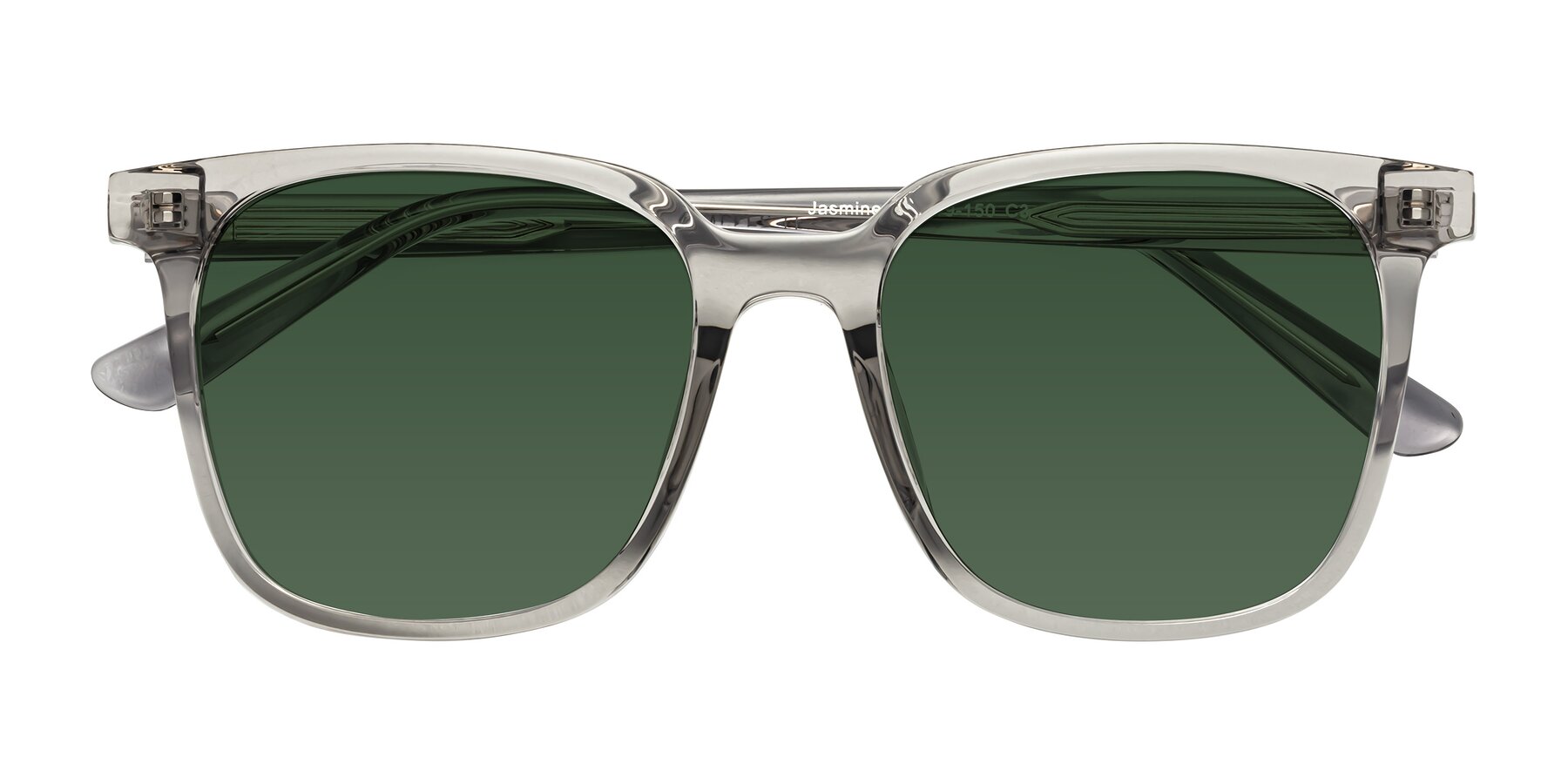 Folded Front of Jasmine in Translucent Gray with Green Tinted Lenses