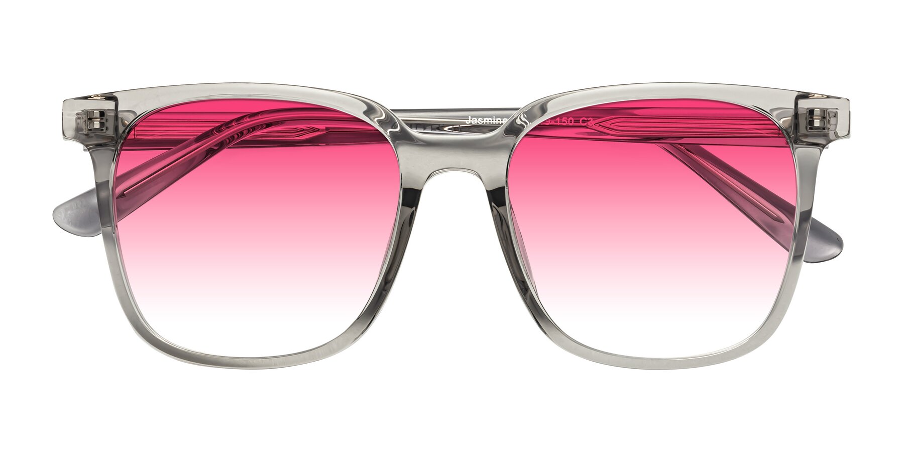 Folded Front of Jasmine in Translucent Gray with Pink Gradient Lenses