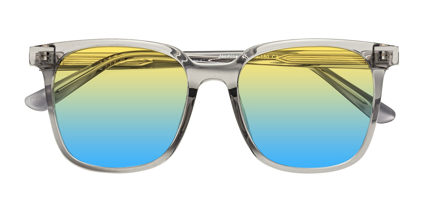 Folded Front of Jasmine in Translucent Gray with Yellow / Blue Gradient Lenses