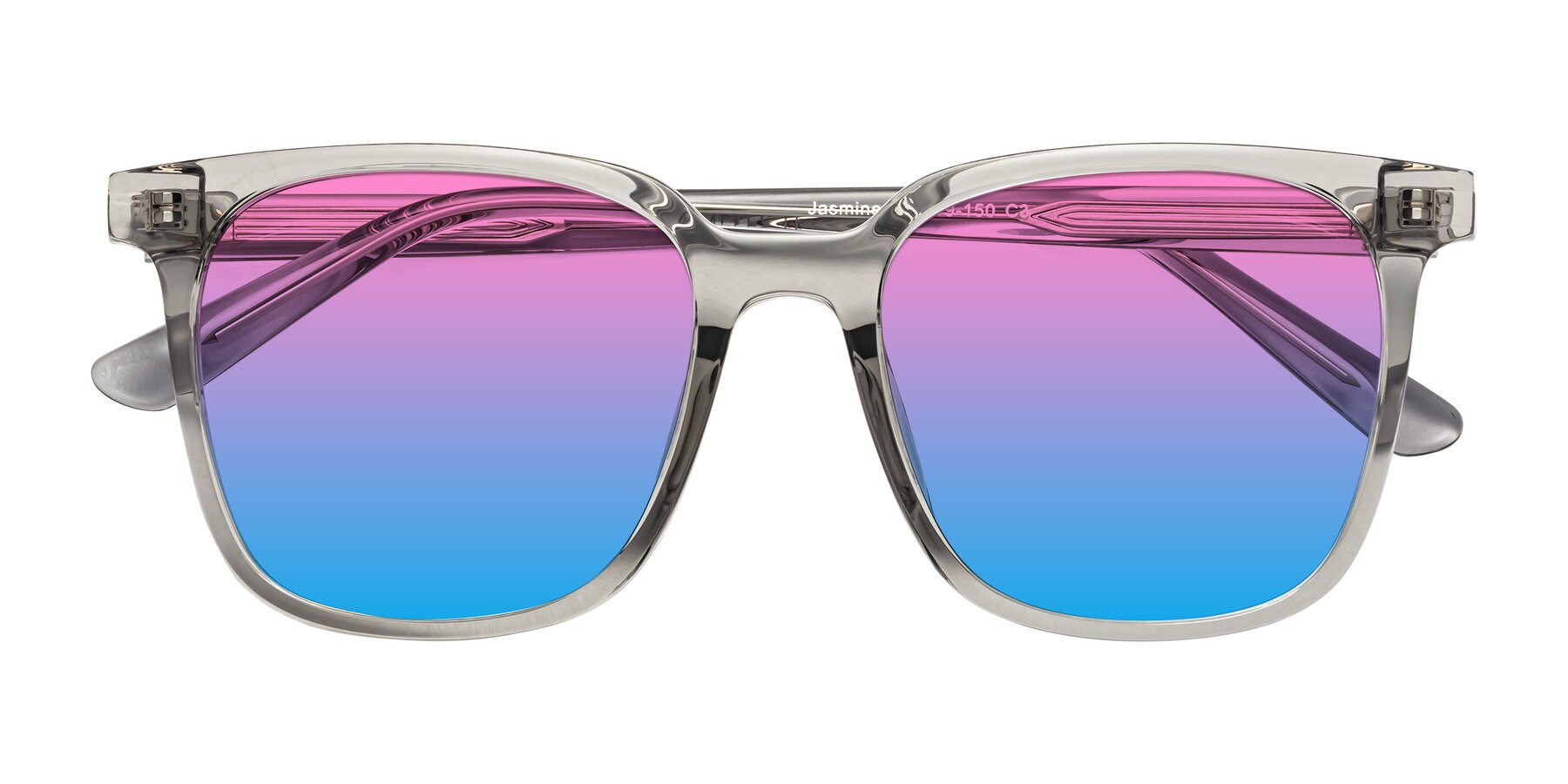 Folded Front of Jasmine in Translucent Gray with Pink / Blue Gradient Lenses