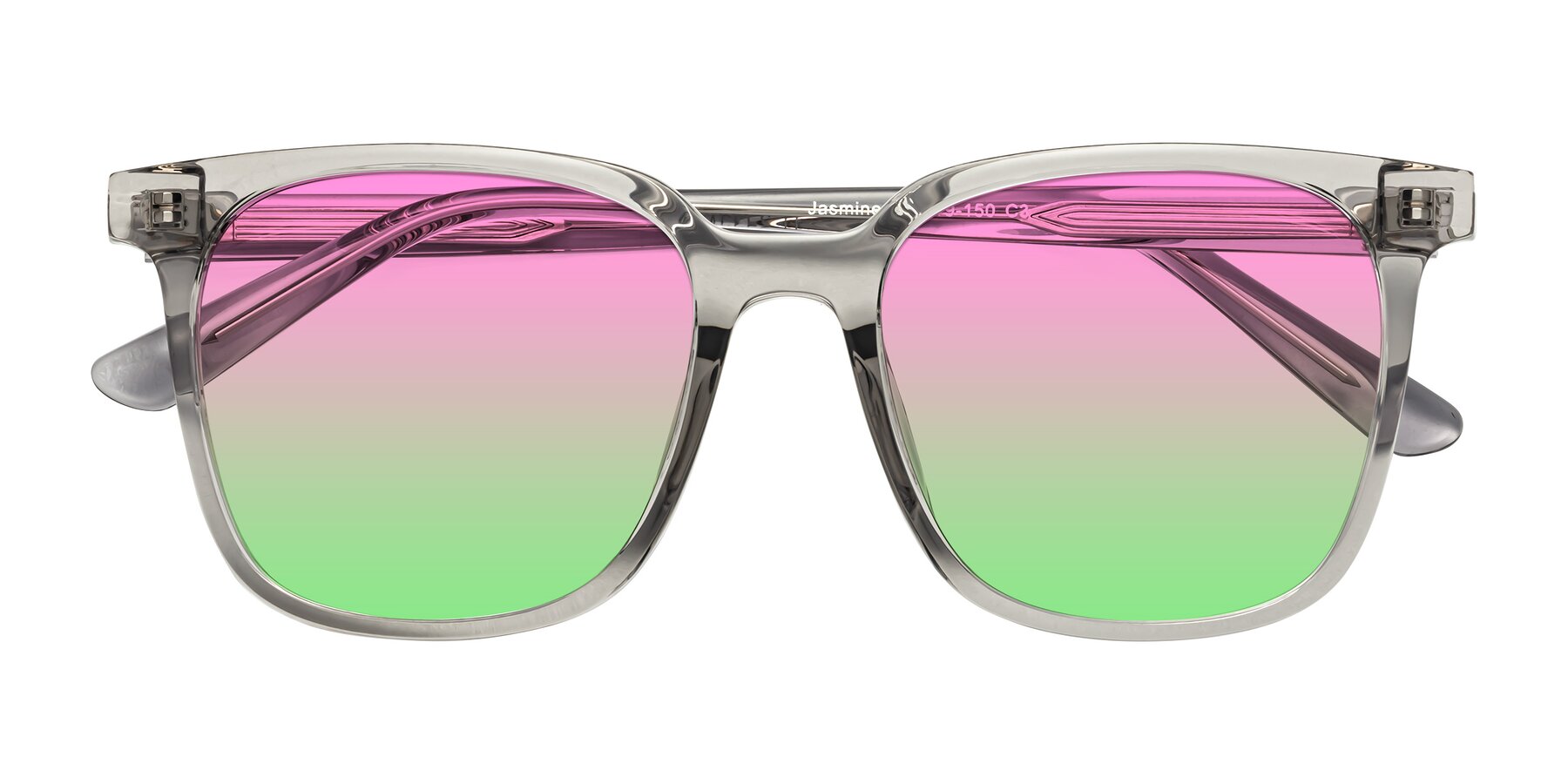 Folded Front of Jasmine in Translucent Gray with Pink / Green Gradient Lenses