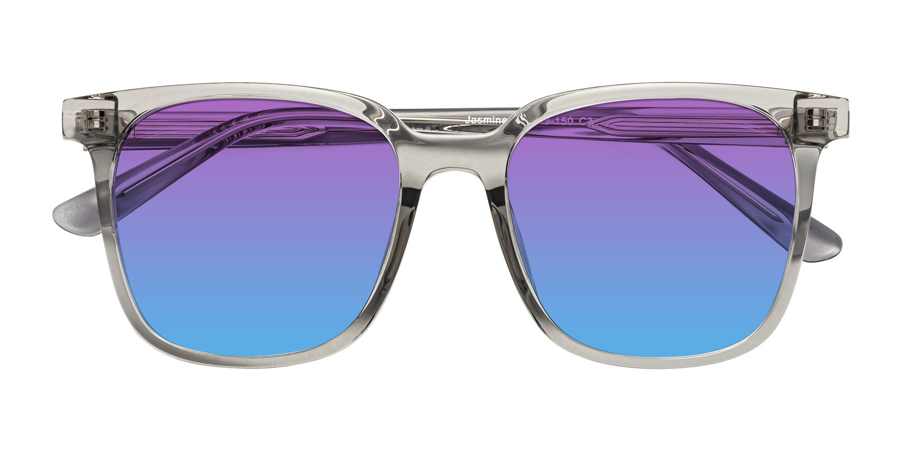 Folded Front of Jasmine in Translucent Gray with Purple / Blue Gradient Lenses