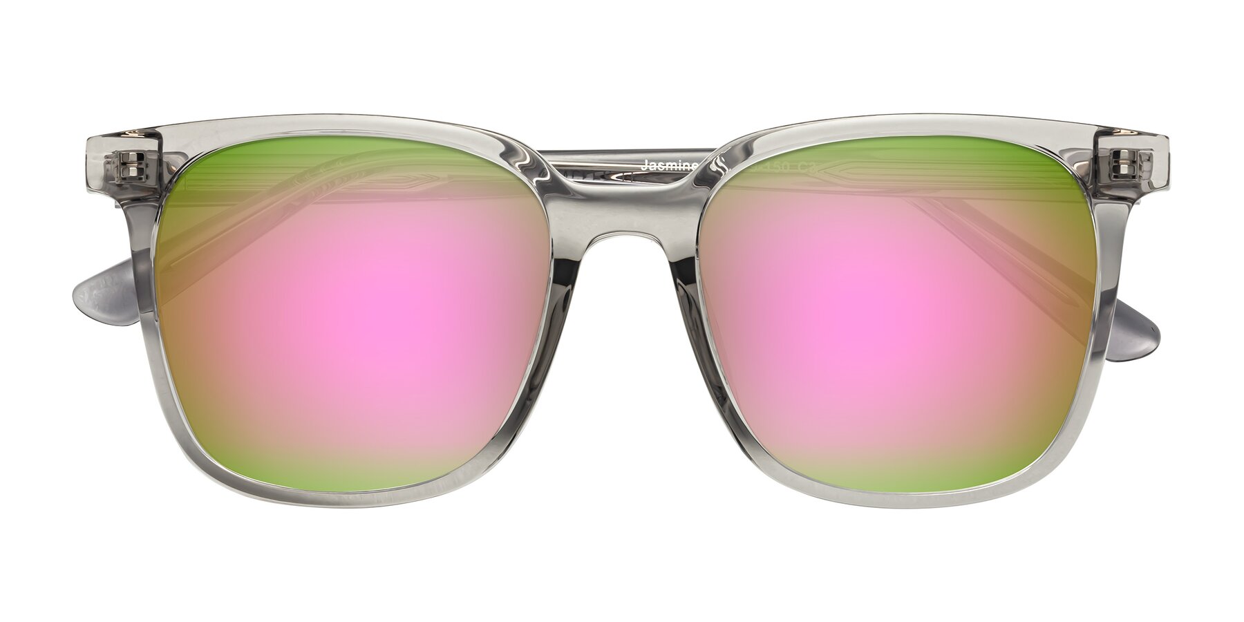 Folded Front of Jasmine in Translucent Gray with Pink Mirrored Lenses