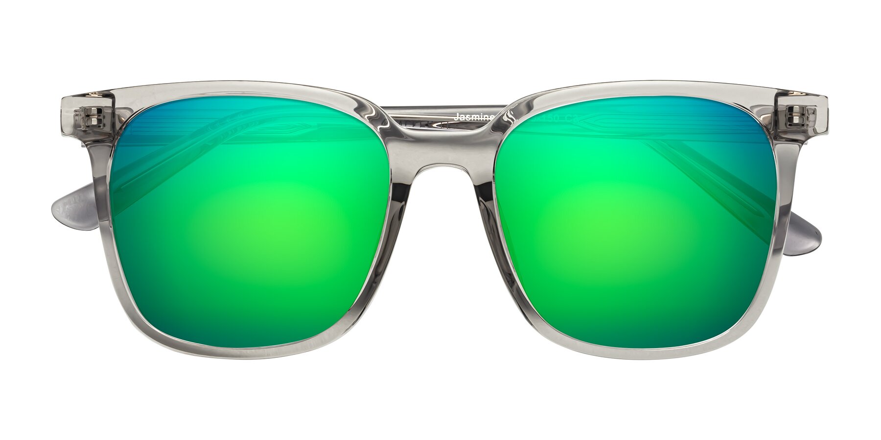 Folded Front of Jasmine in Translucent Gray with Green Mirrored Lenses