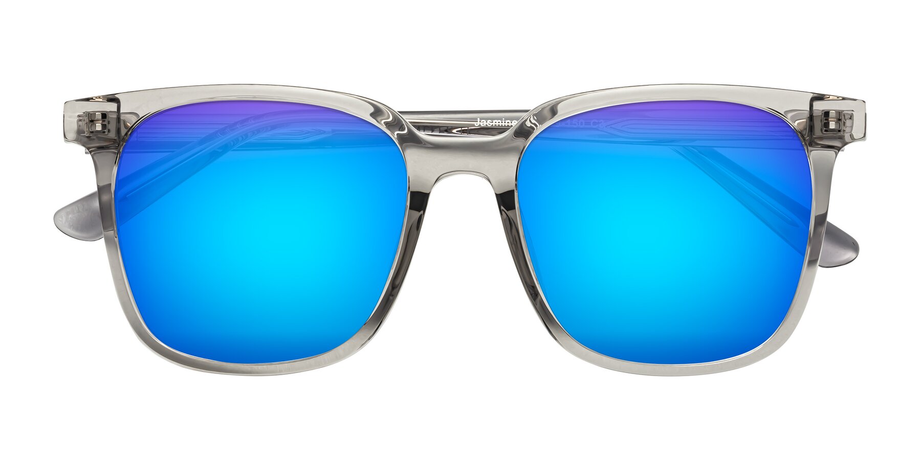 Folded Front of Jasmine in Translucent Gray with Blue Mirrored Lenses