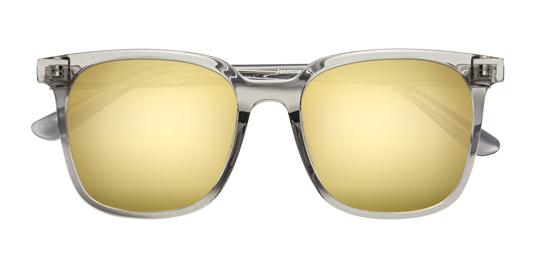 Folded Front of Jasmine in Translucent Gray with Gold Mirrored Lenses