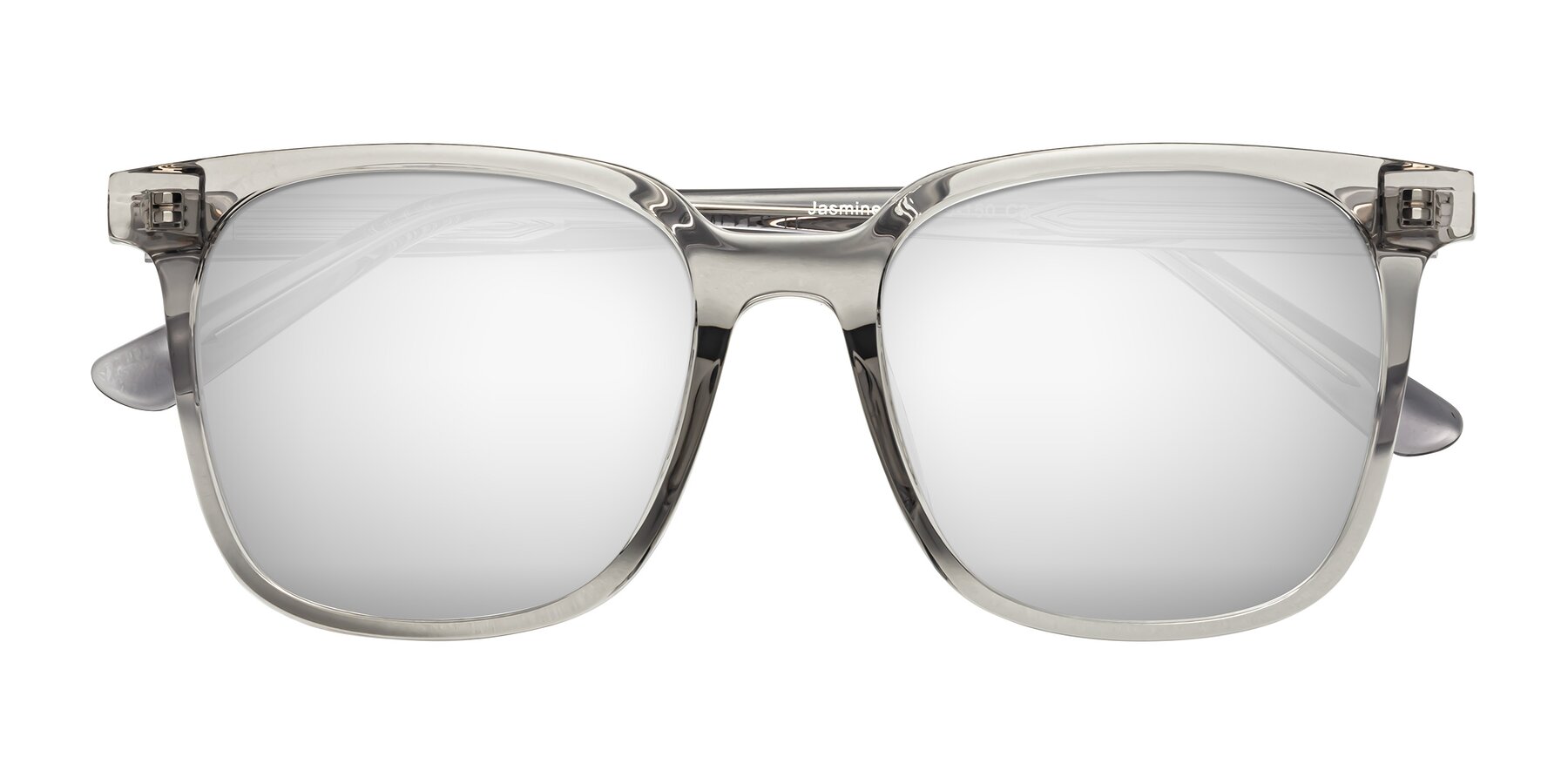 Folded Front of Jasmine in Translucent Gray with Silver Mirrored Lenses