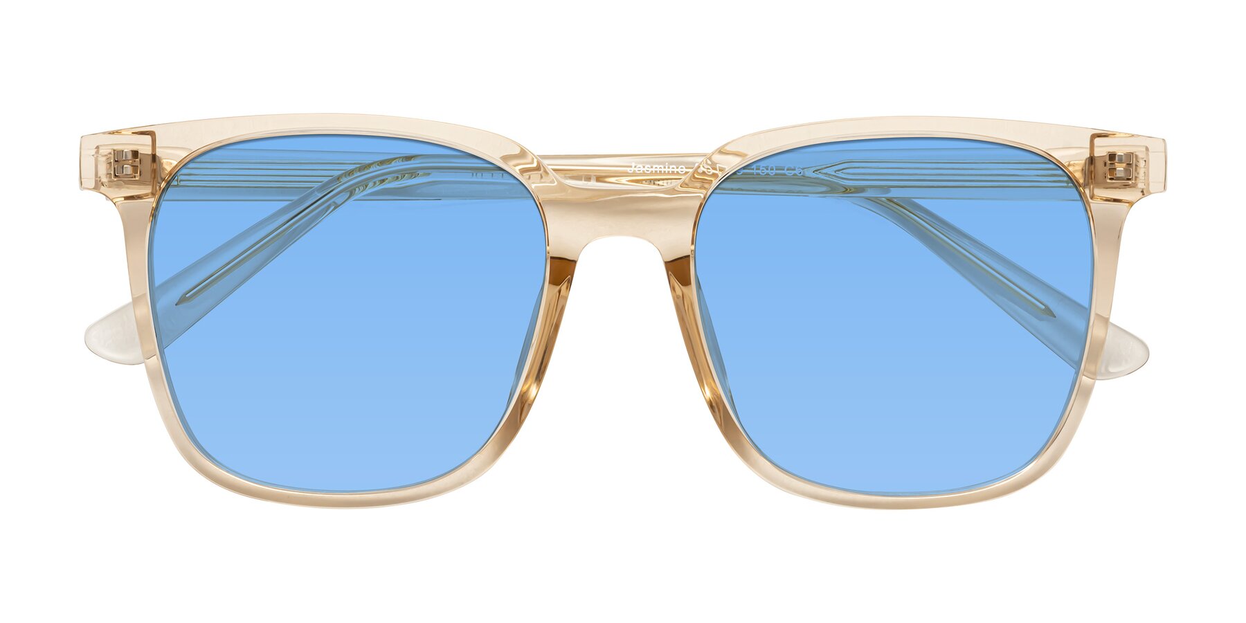 Folded Front of Jasmine in Champagne with Medium Blue Tinted Lenses