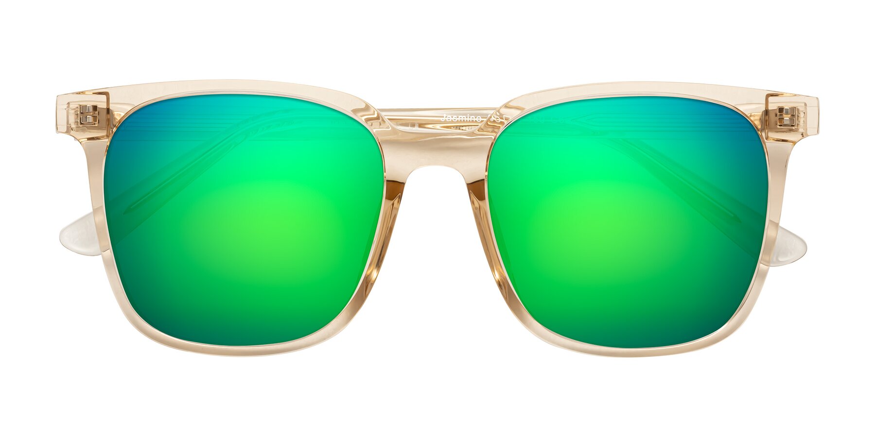 Folded Front of Jasmine in Champagne with Green Mirrored Lenses