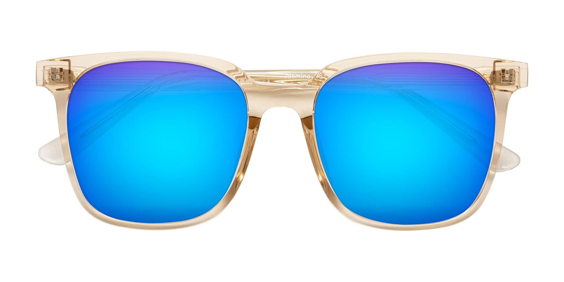 Folded Front of Jasmine in Champagne with Blue Mirrored Lenses