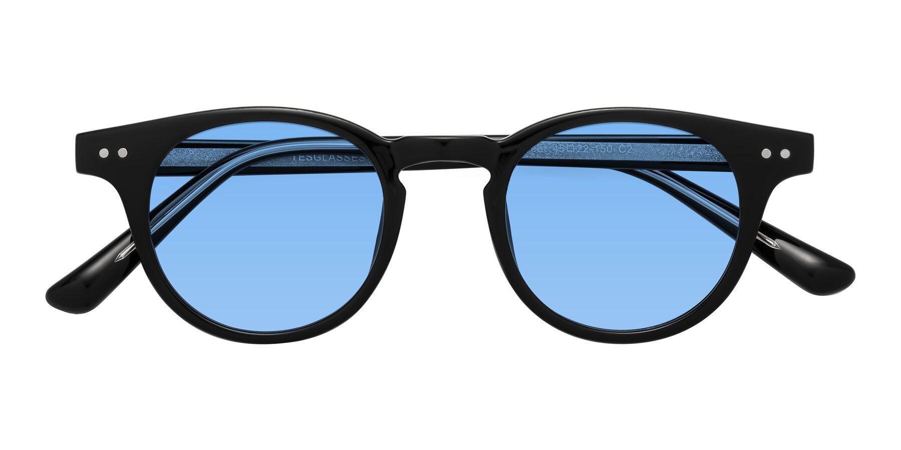 Folded Front of Sweet in Black with Medium Blue Tinted Lenses