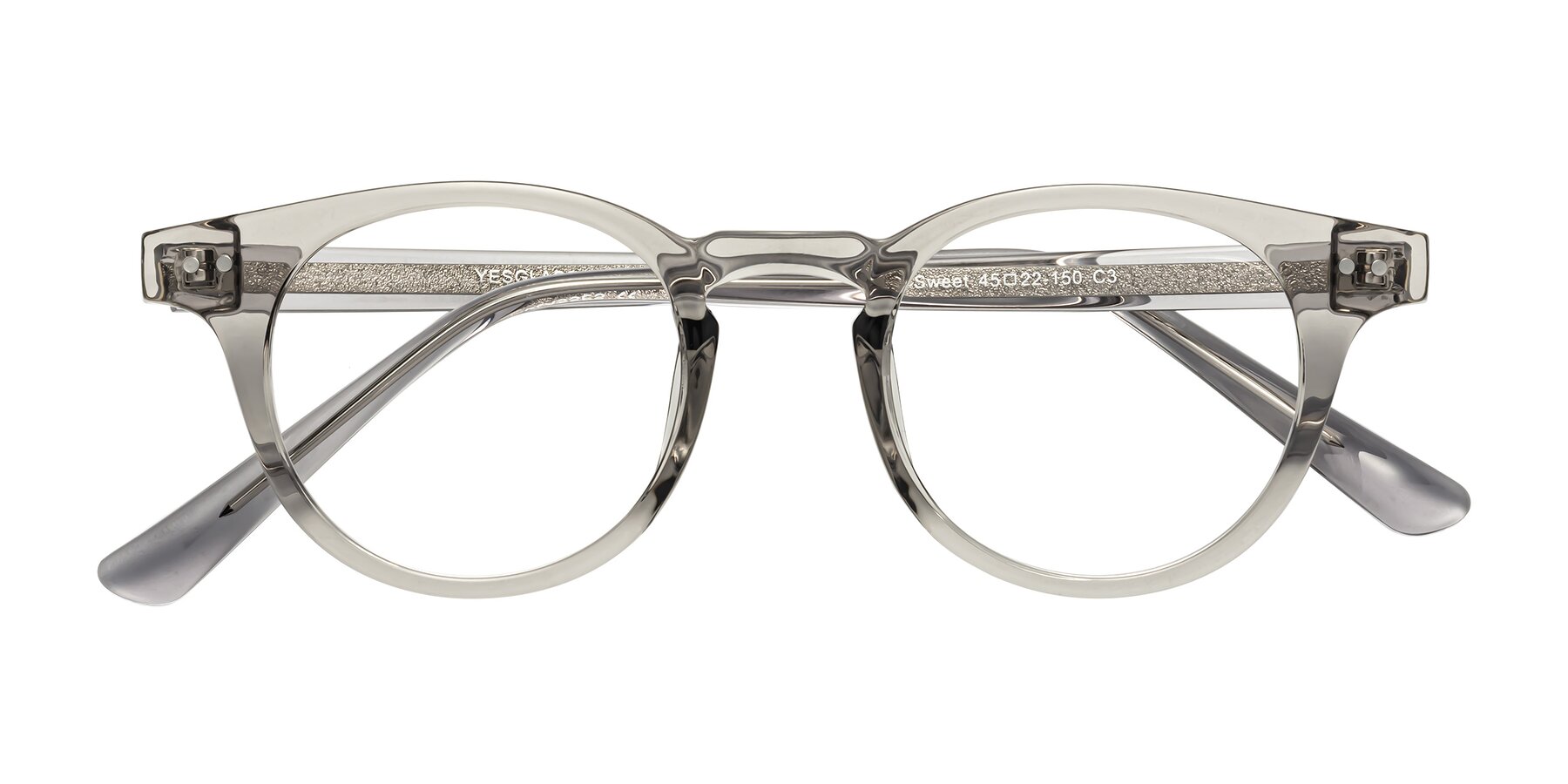 Folded Front of Sweet in Translucent Gray with Clear Reading Eyeglass Lenses