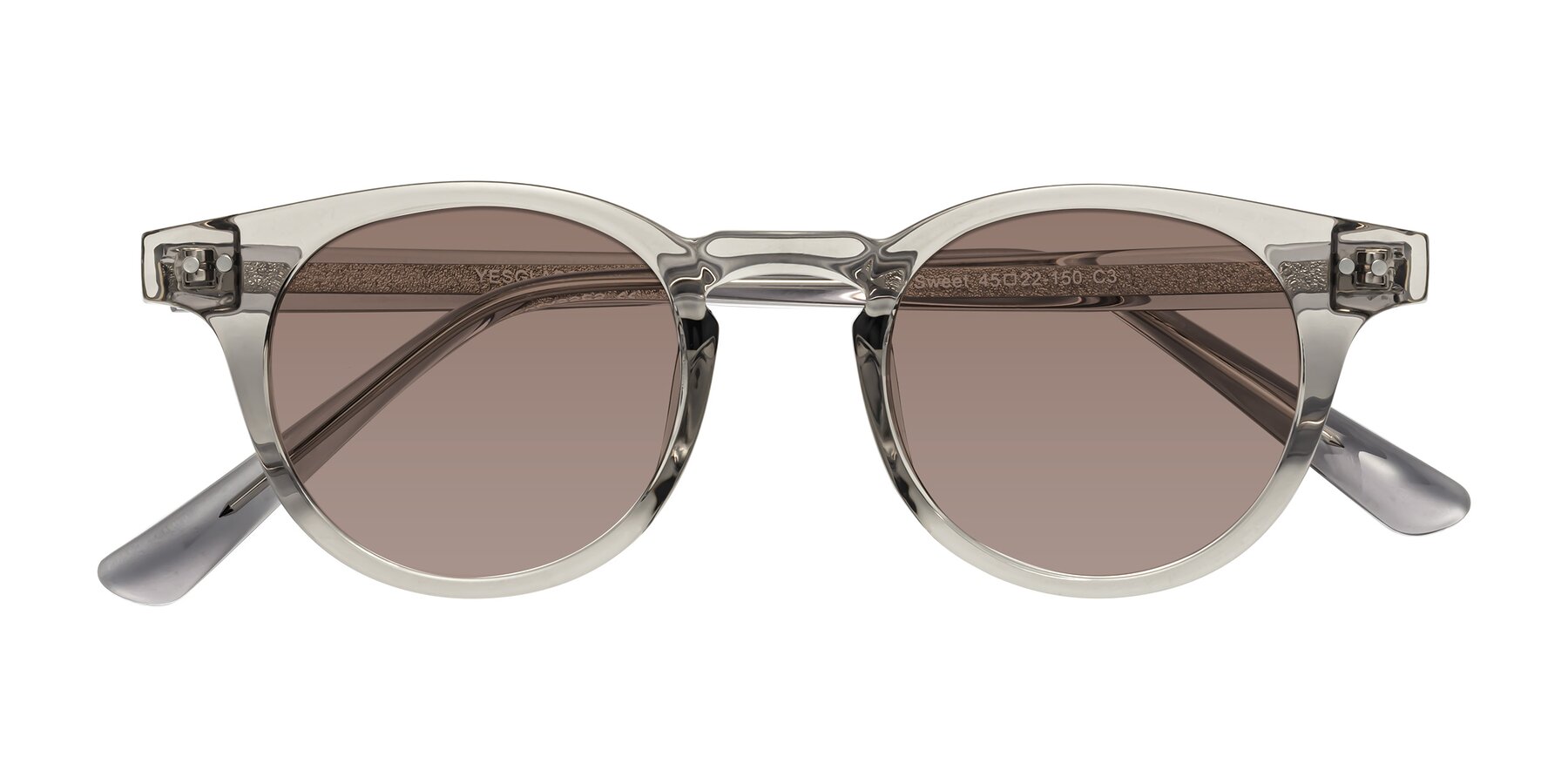 Folded Front of Sweet in Translucent Gray with Medium Brown Tinted Lenses