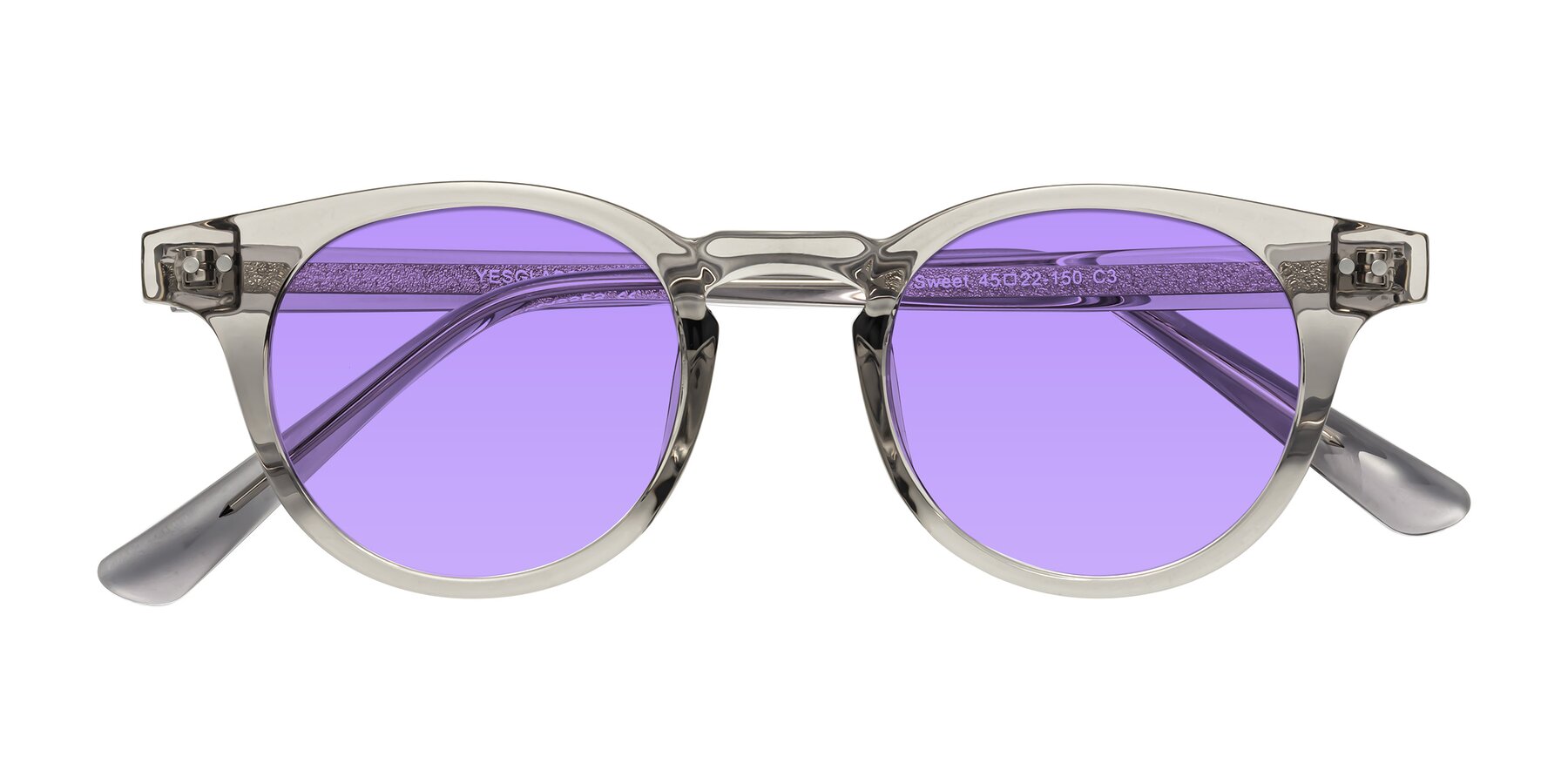 Folded Front of Sweet in Translucent Gray with Medium Purple Tinted Lenses