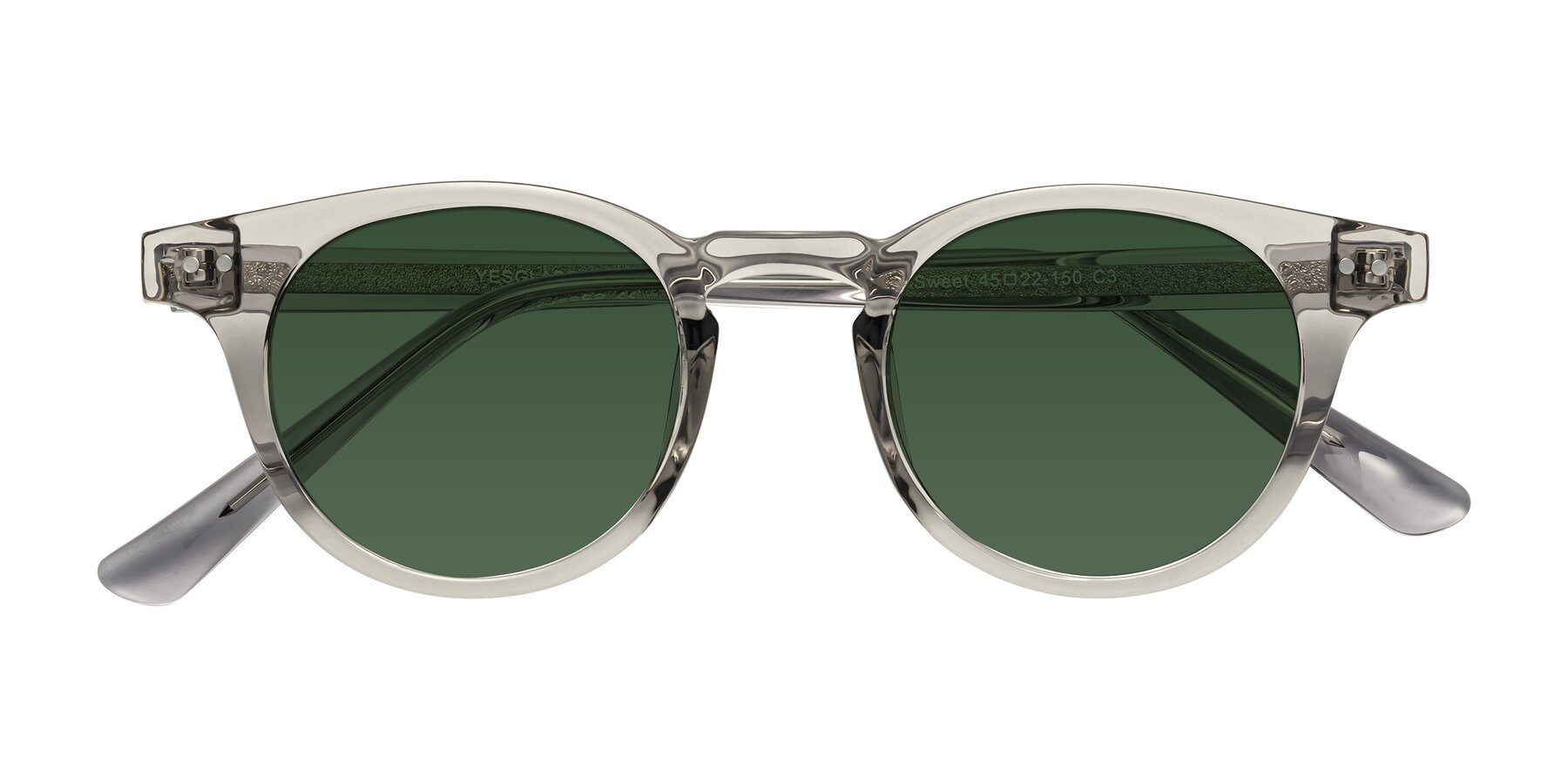 Folded Front of Sweet in Translucent Gray with Green Tinted Lenses