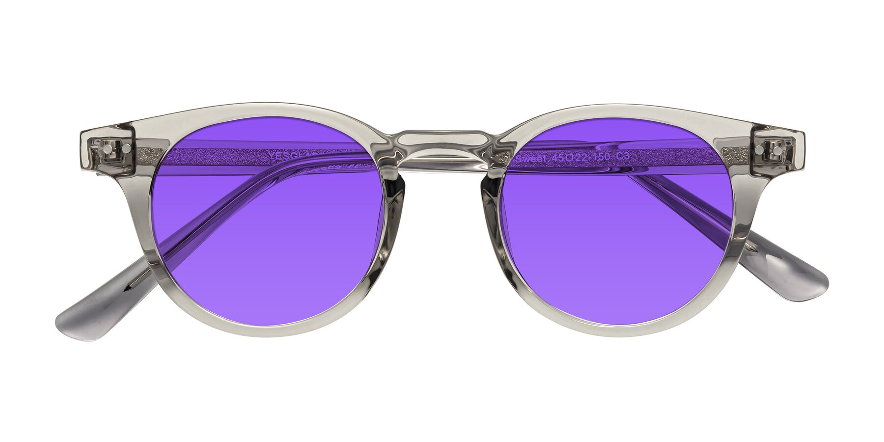 Folded Front of Sweet in Translucent Gray with Purple Tinted Lenses