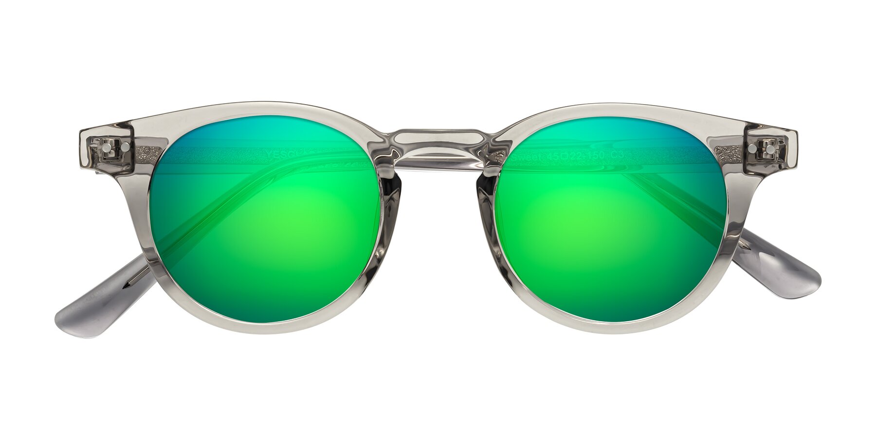 Folded Front of Sweet in Translucent Gray with Green Mirrored Lenses