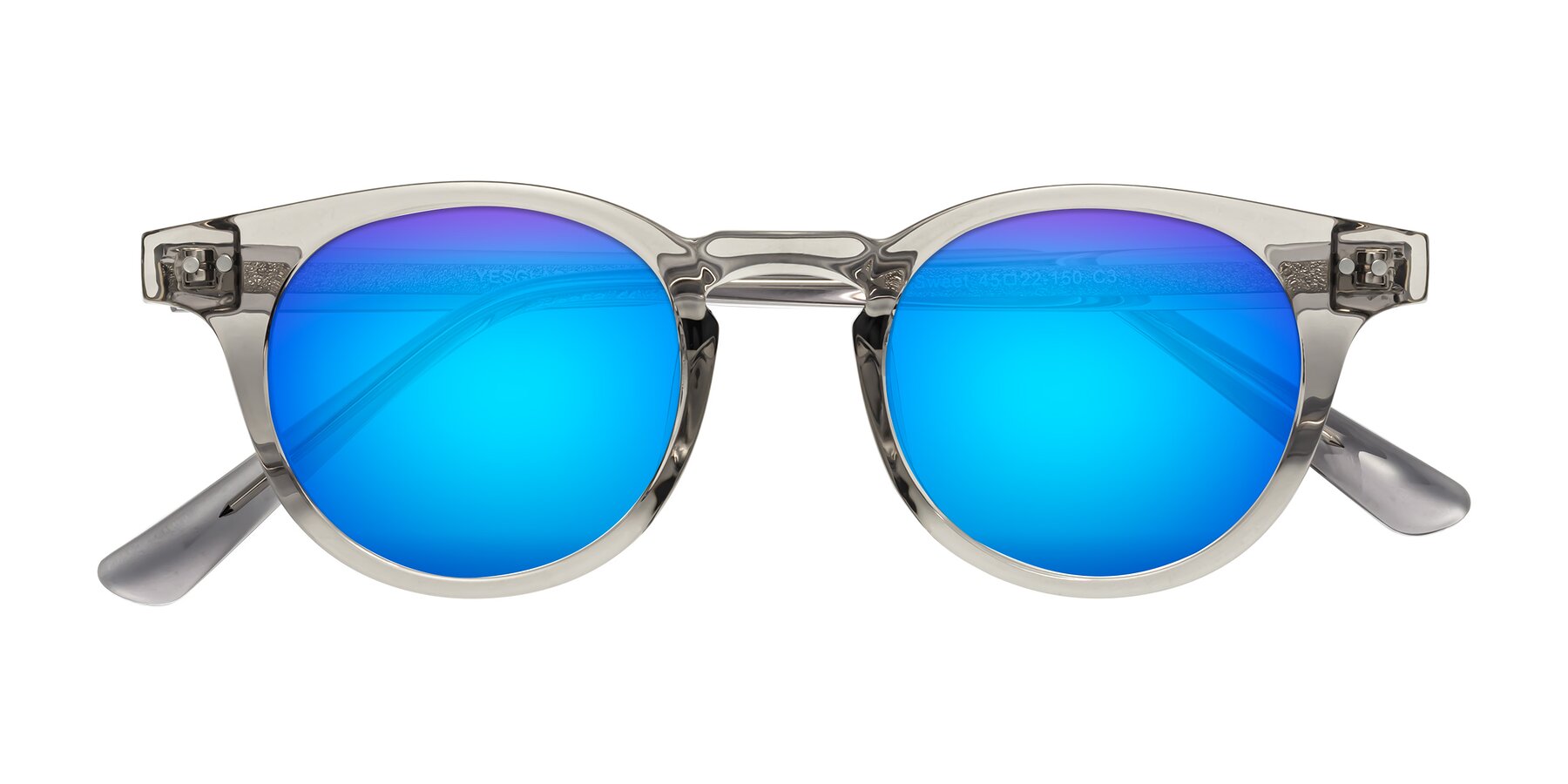 Folded Front of Sweet in Translucent Gray with Blue Mirrored Lenses