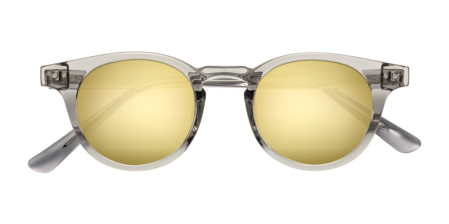 Folded Front of Sweet in Translucent Gray with Gold Mirrored Lenses