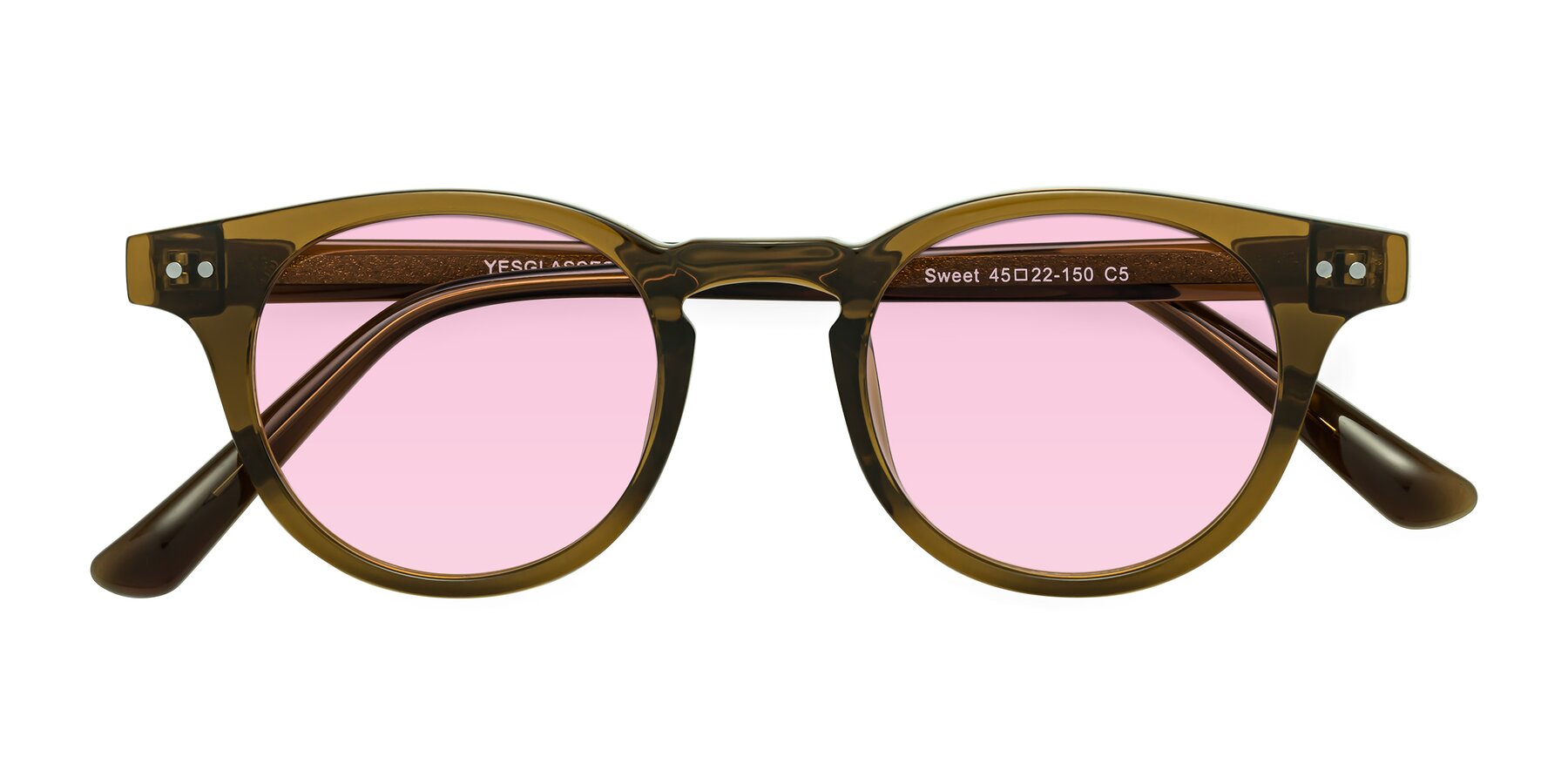 Folded Front of Sweet in Muddy Brown with Light Pink Tinted Lenses