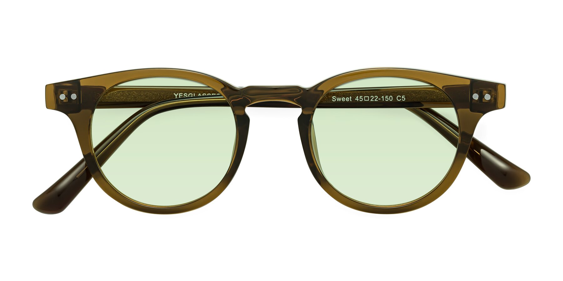 Folded Front of Sweet in Muddy Brown with Light Green Tinted Lenses