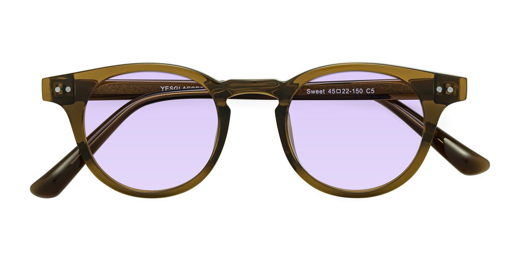 Folded Front of Sweet in Muddy Brown with Light Purple Tinted Lenses