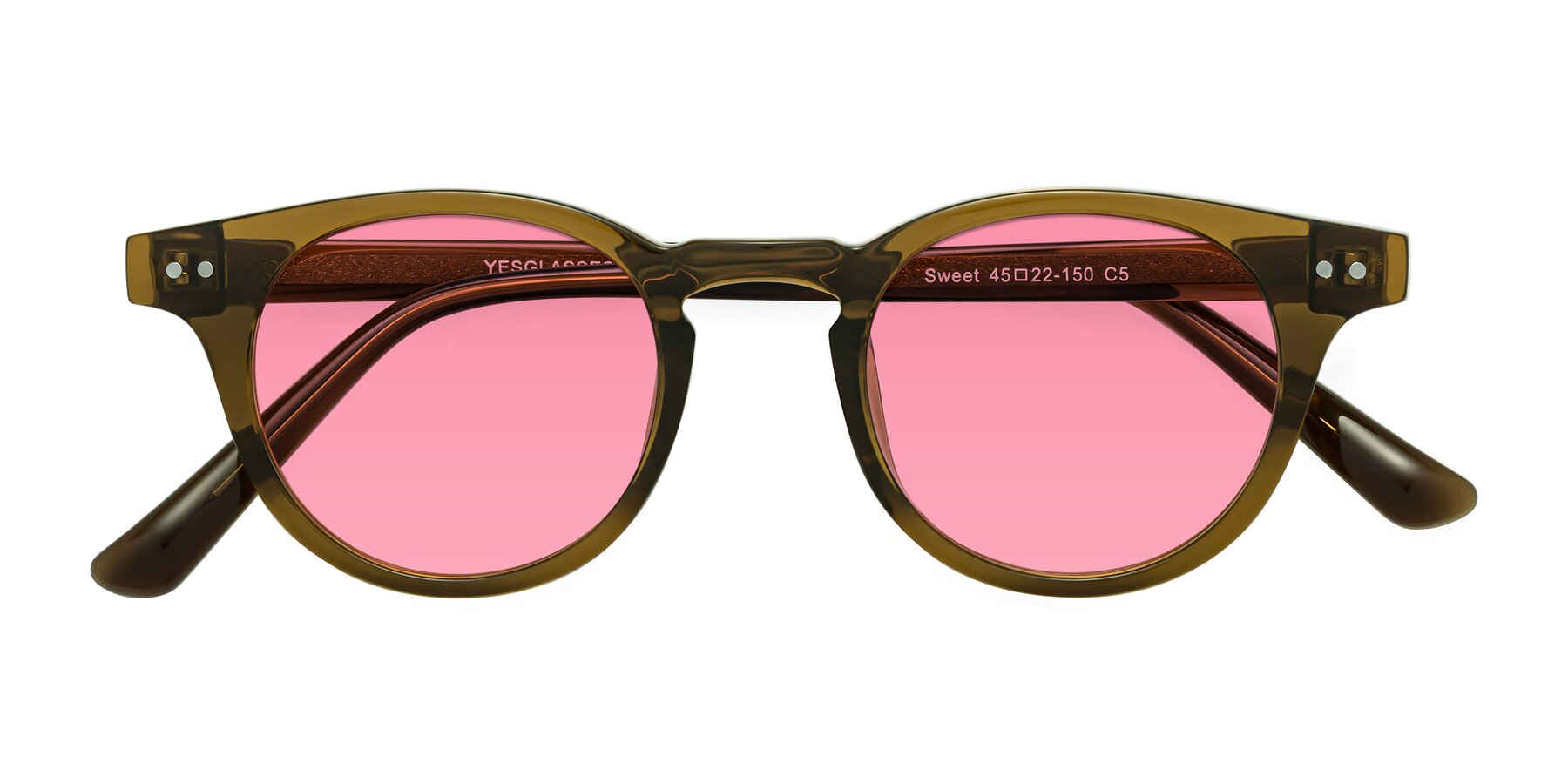 Folded Front of Sweet in Muddy Brown with Pink Tinted Lenses