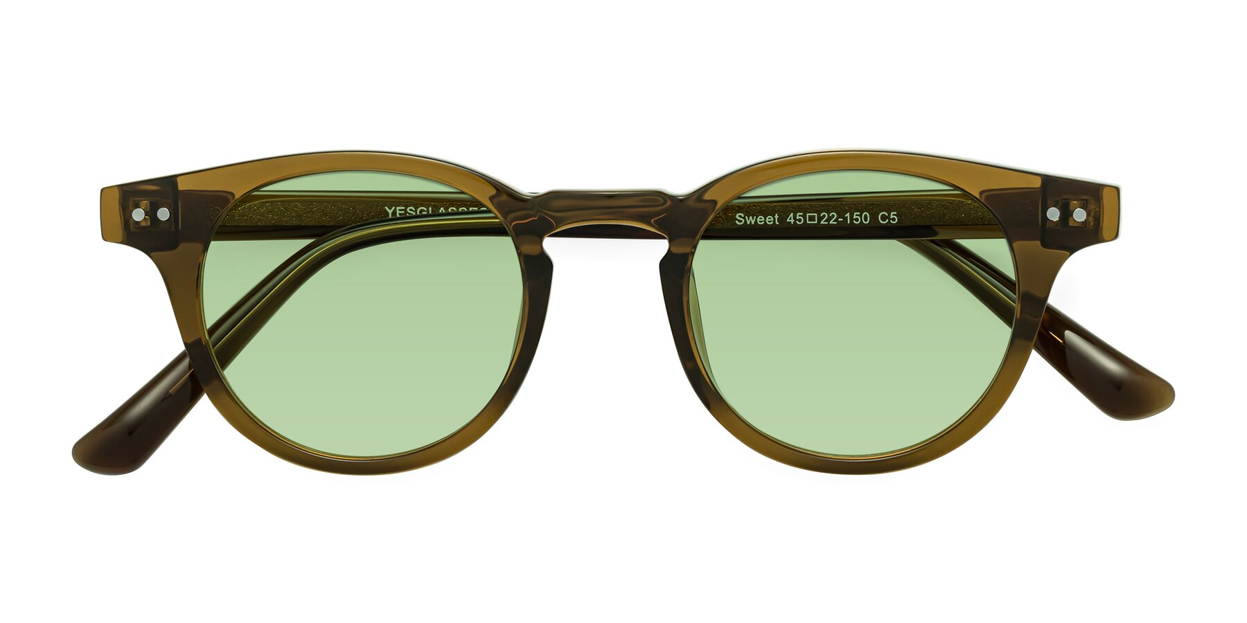 Folded Front of Sweet in Muddy Brown with Medium Green Tinted Lenses