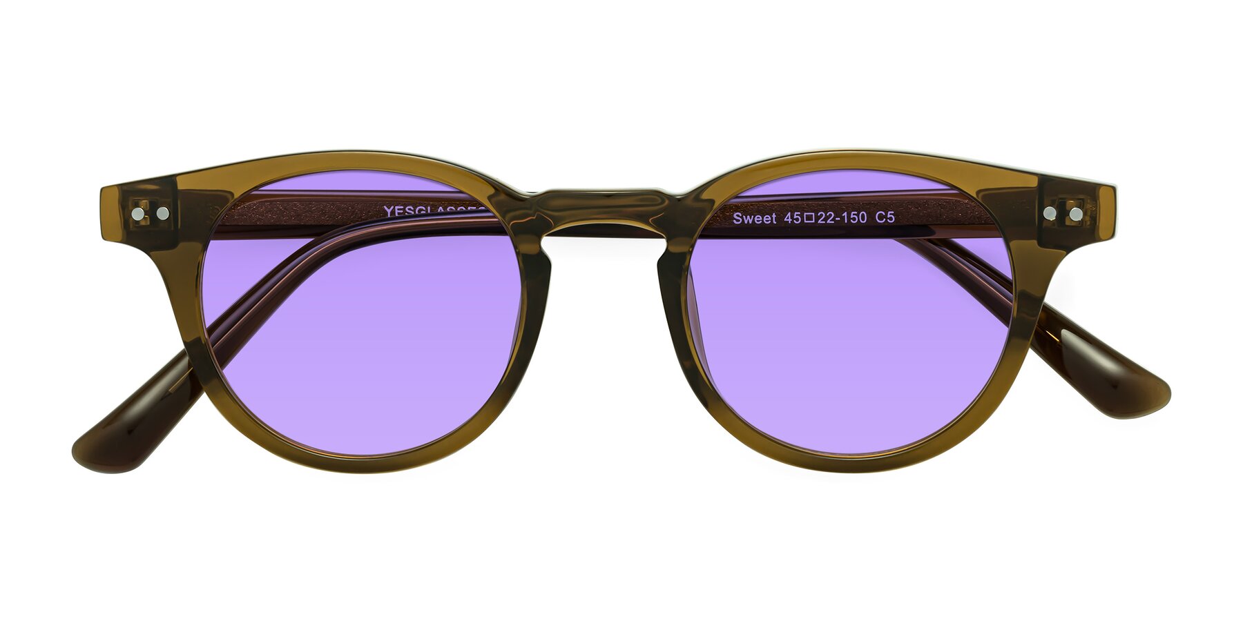 Folded Front of Sweet in Muddy Brown with Medium Purple Tinted Lenses