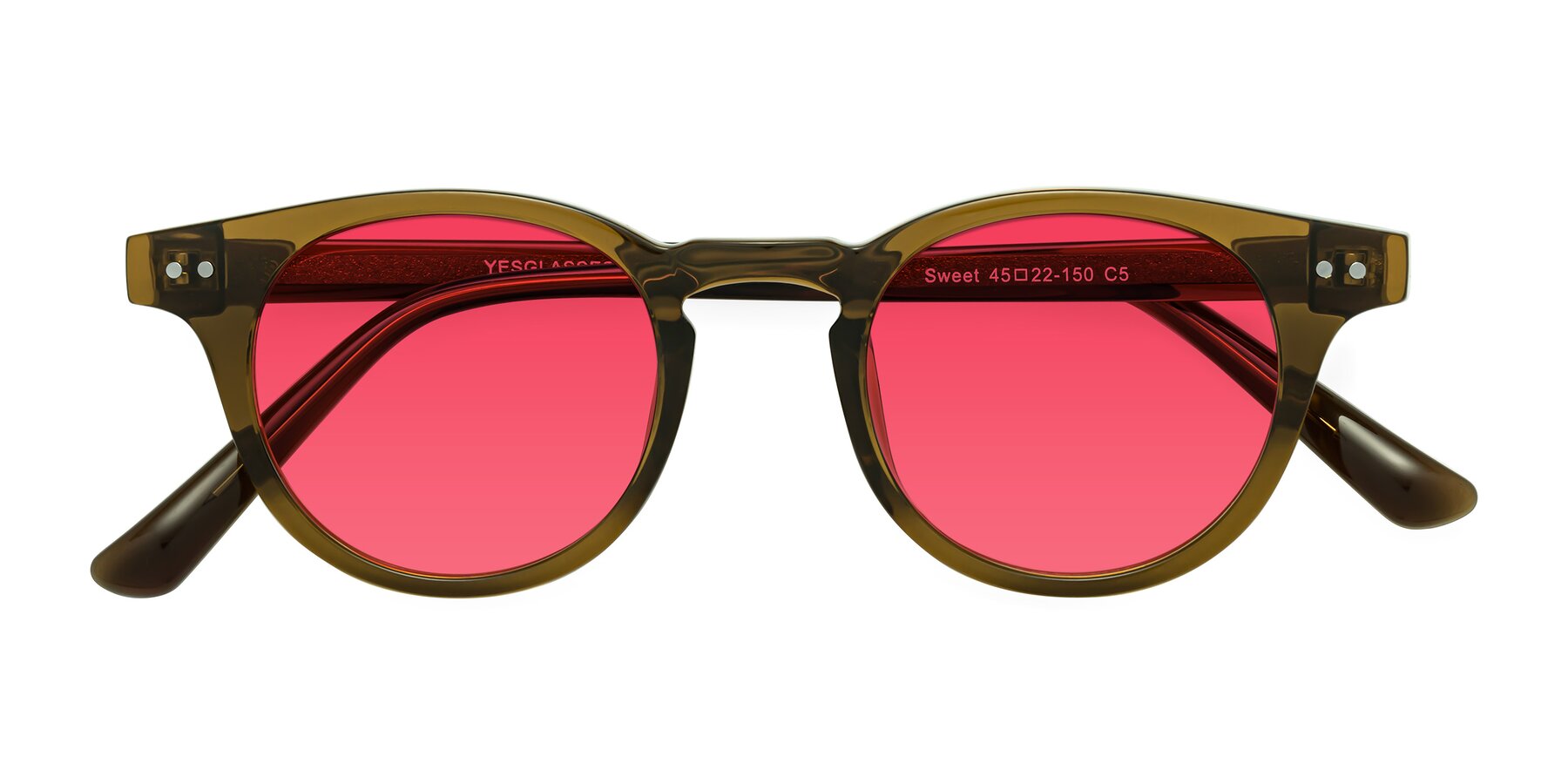 Folded Front of Sweet in Muddy Brown with Red Tinted Lenses