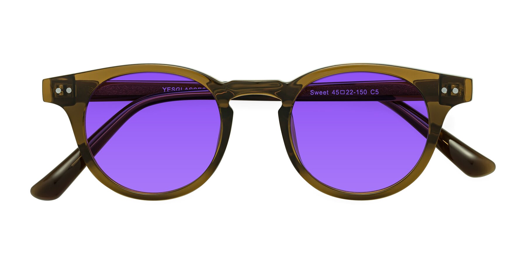 Folded Front of Sweet in Muddy Brown with Purple Tinted Lenses