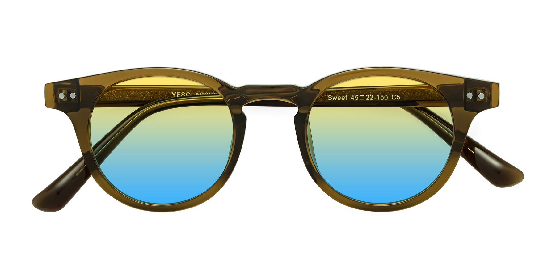 Folded Front of Sweet in Muddy Brown with Yellow / Blue Gradient Lenses