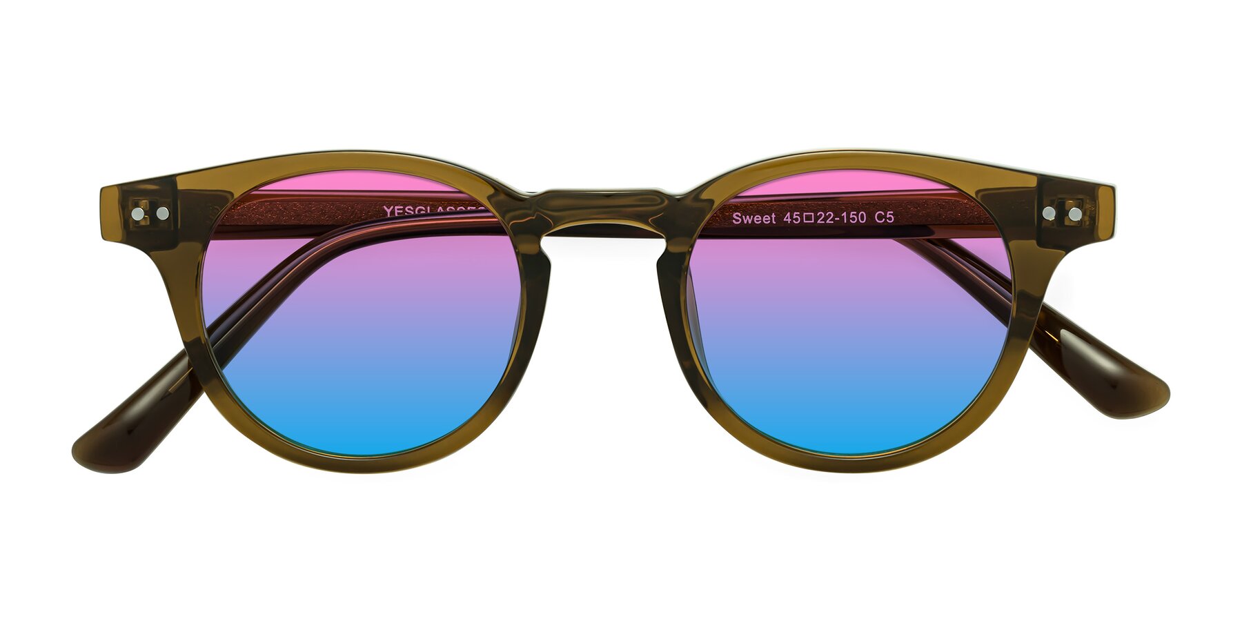 Folded Front of Sweet in Muddy Brown with Pink / Blue Gradient Lenses