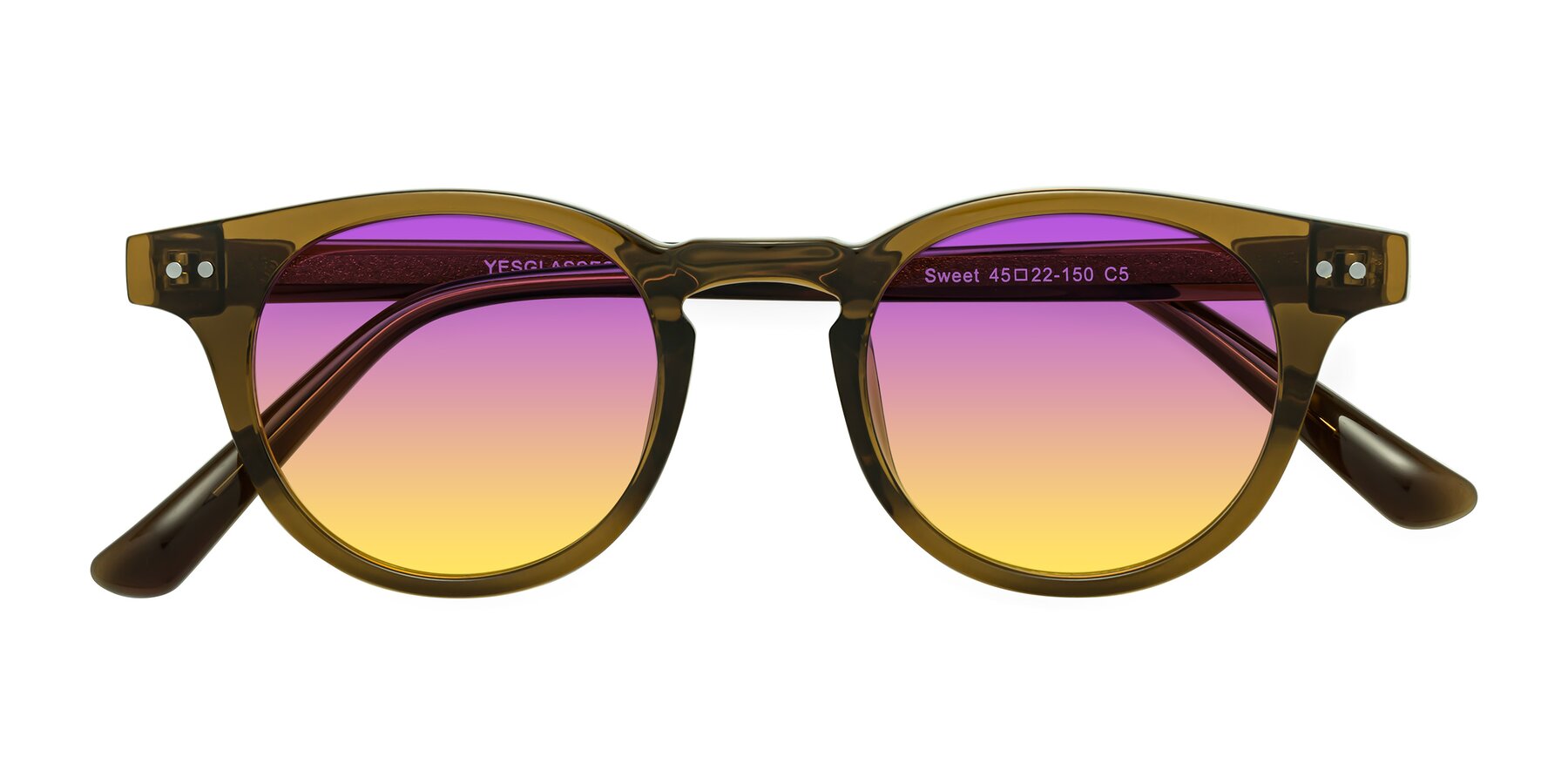 Folded Front of Sweet in Muddy Brown with Purple / Yellow Gradient Lenses