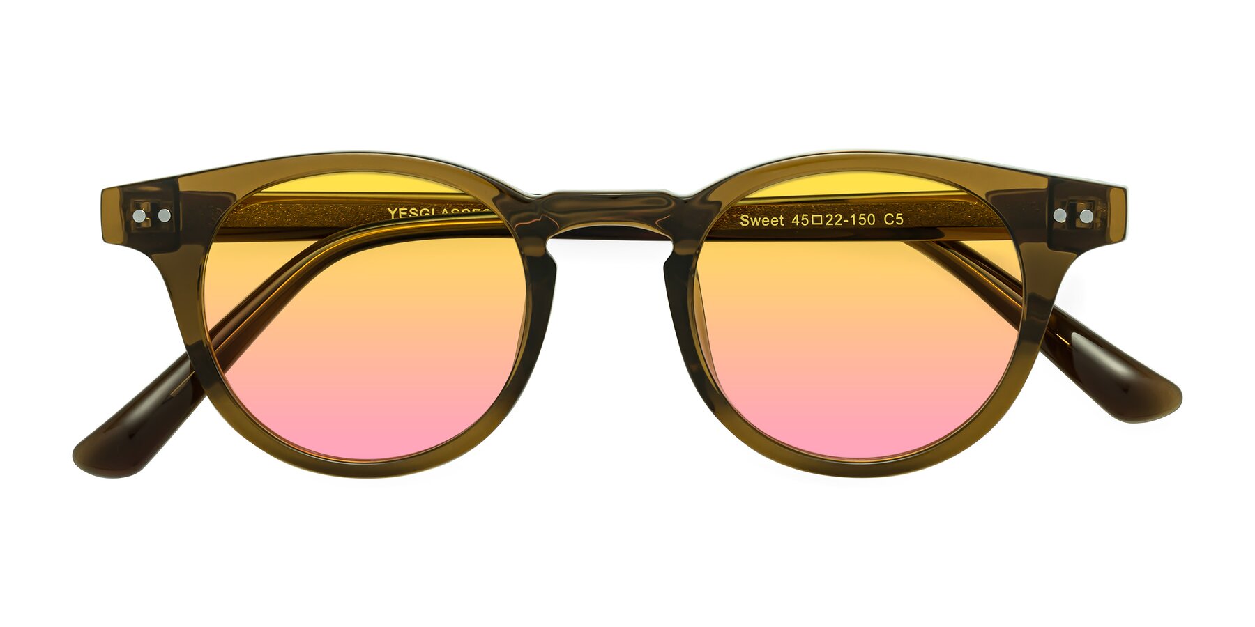 Folded Front of Sweet in Muddy Brown with Yellow / Pink Gradient Lenses