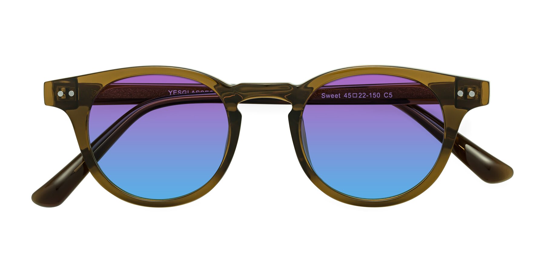 Folded Front of Sweet in Muddy Brown with Purple / Blue Gradient Lenses