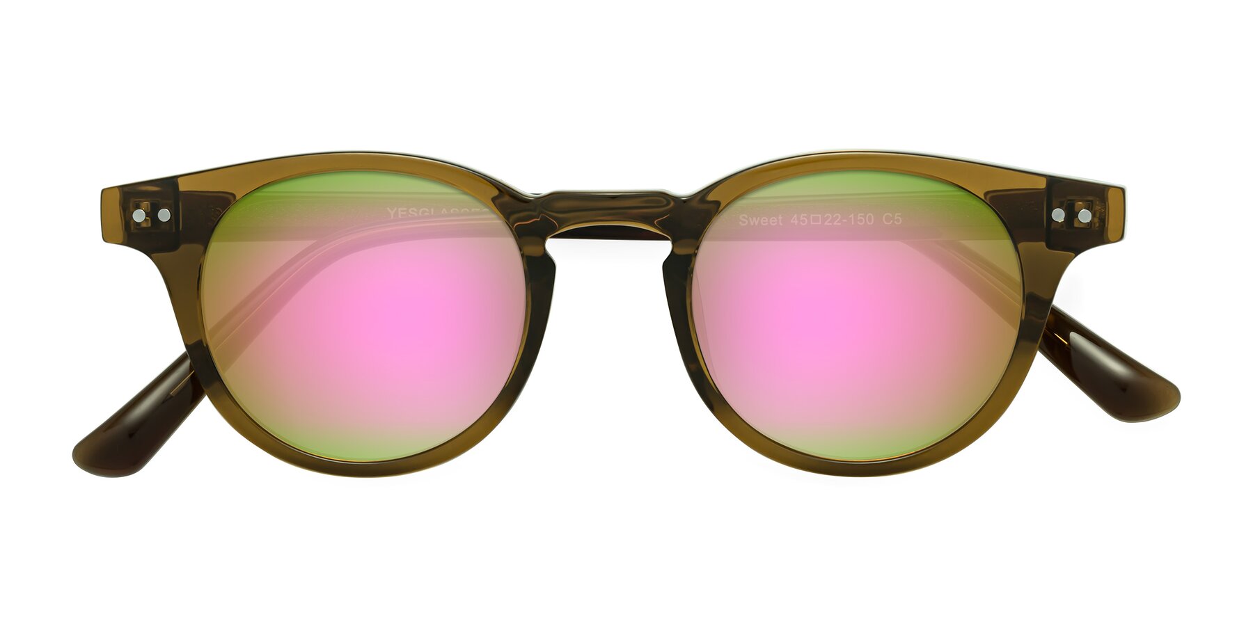 Folded Front of Sweet in Muddy Brown with Pink Mirrored Lenses