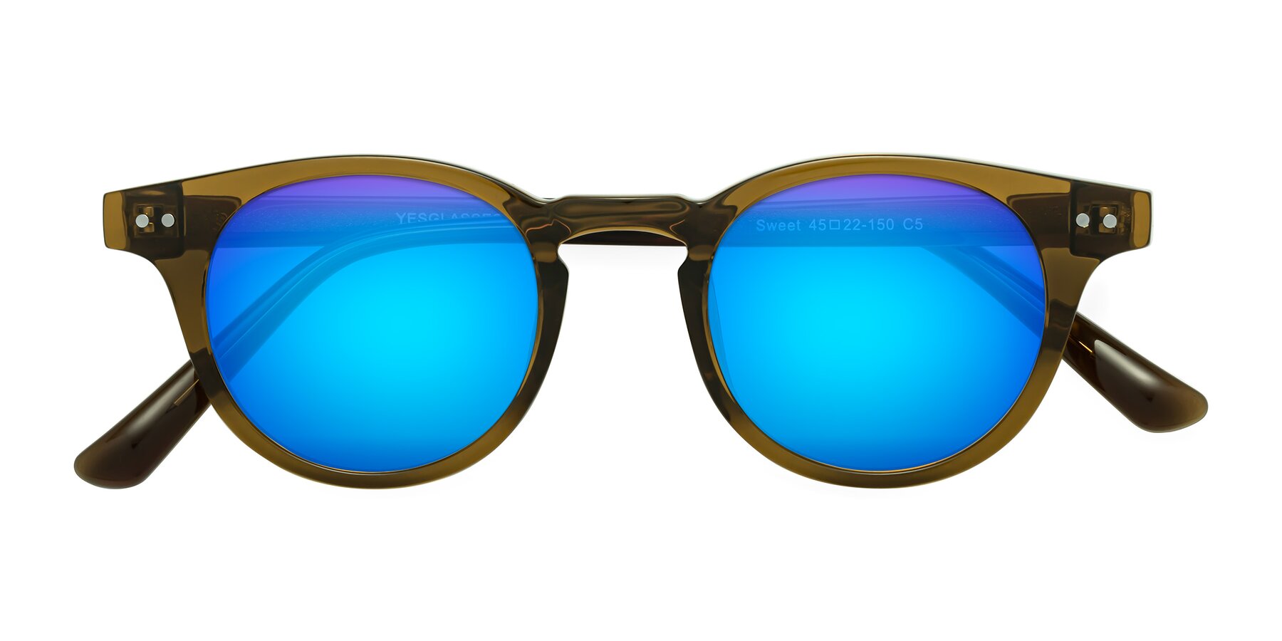 Folded Front of Sweet in Muddy Brown with Blue Mirrored Lenses