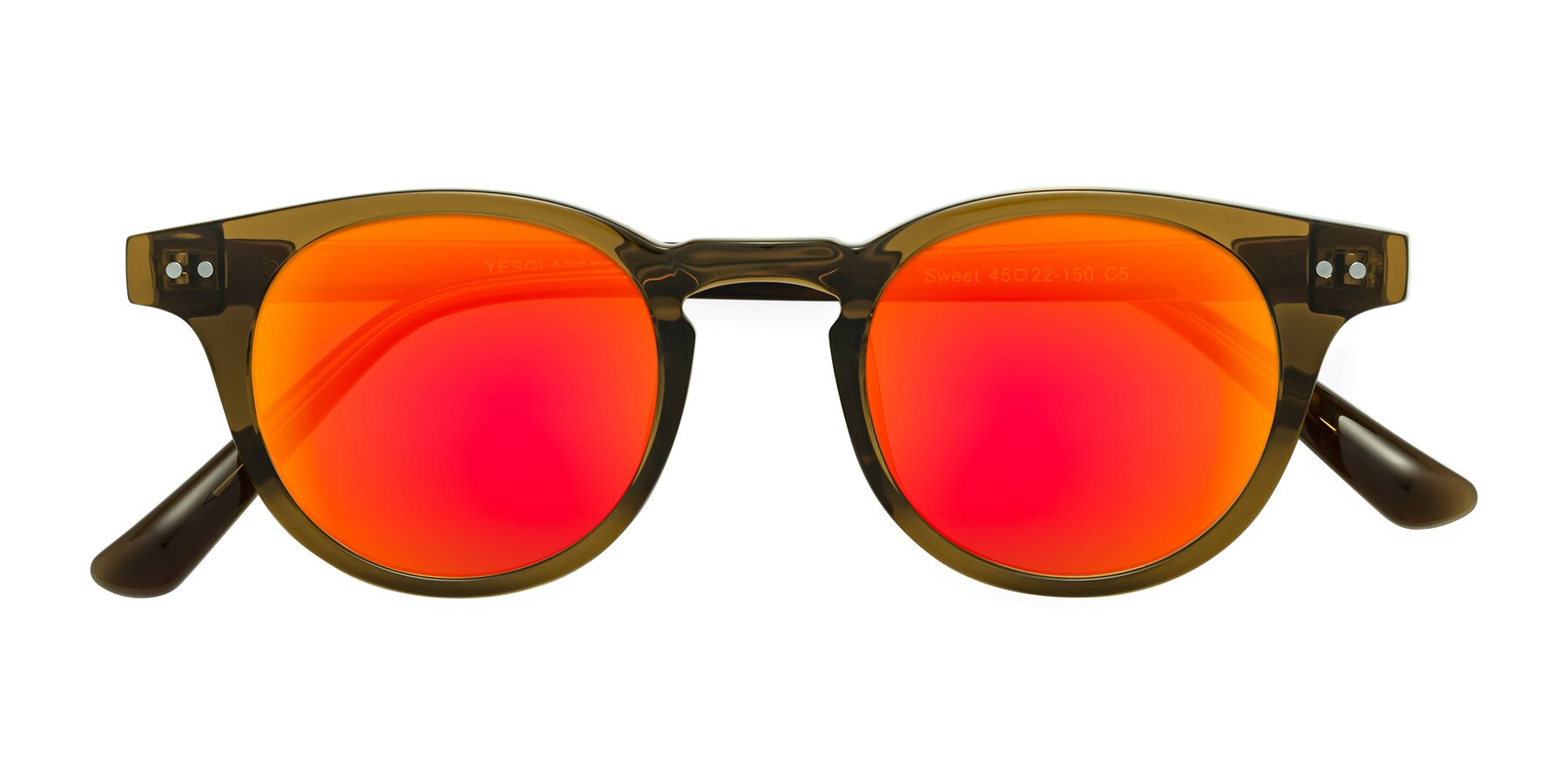 Folded Front of Sweet in Muddy Brown with Red Gold Mirrored Lenses