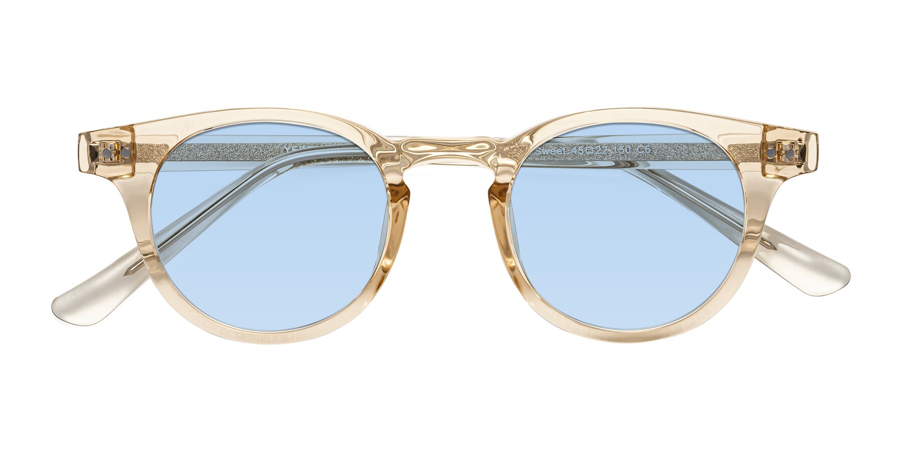 Folded Front of Sweet in Champagne with Light Blue Tinted Lenses