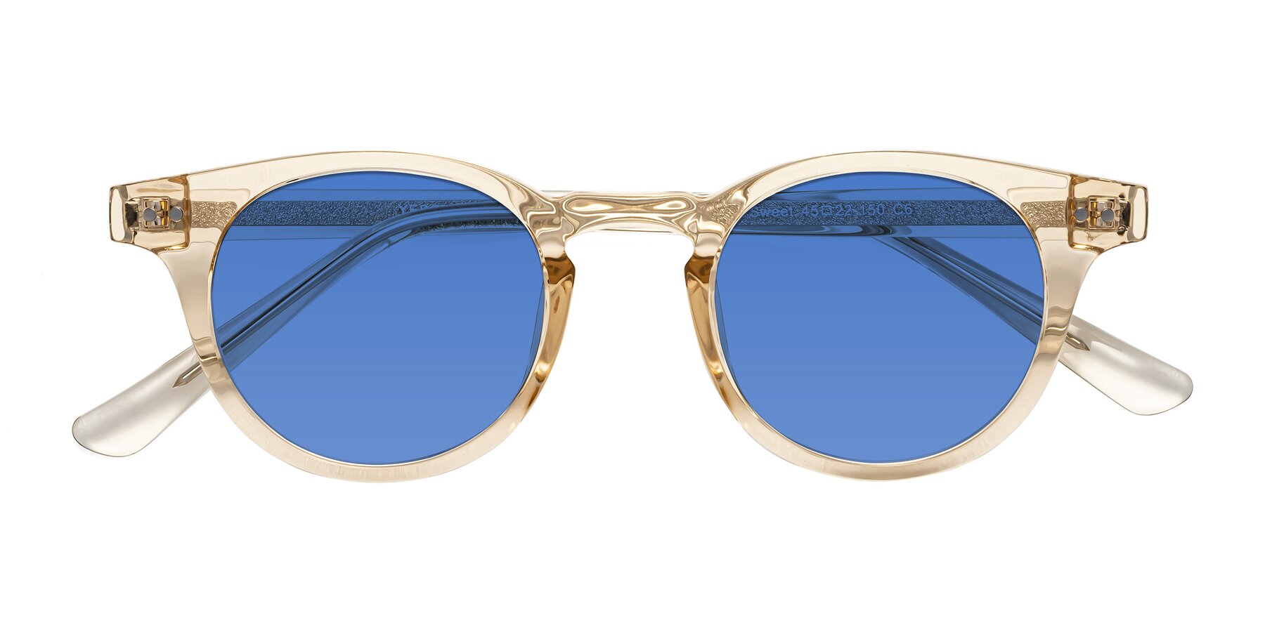 Folded Front of Sweet in Champagne with Blue Tinted Lenses