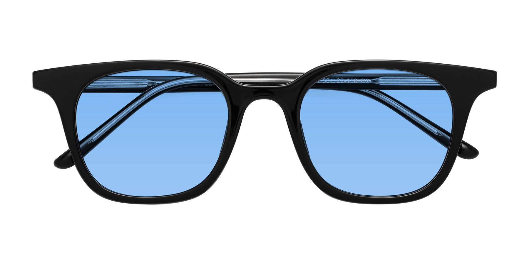 Folded Front of Gemini in Black with Medium Blue Tinted Lenses