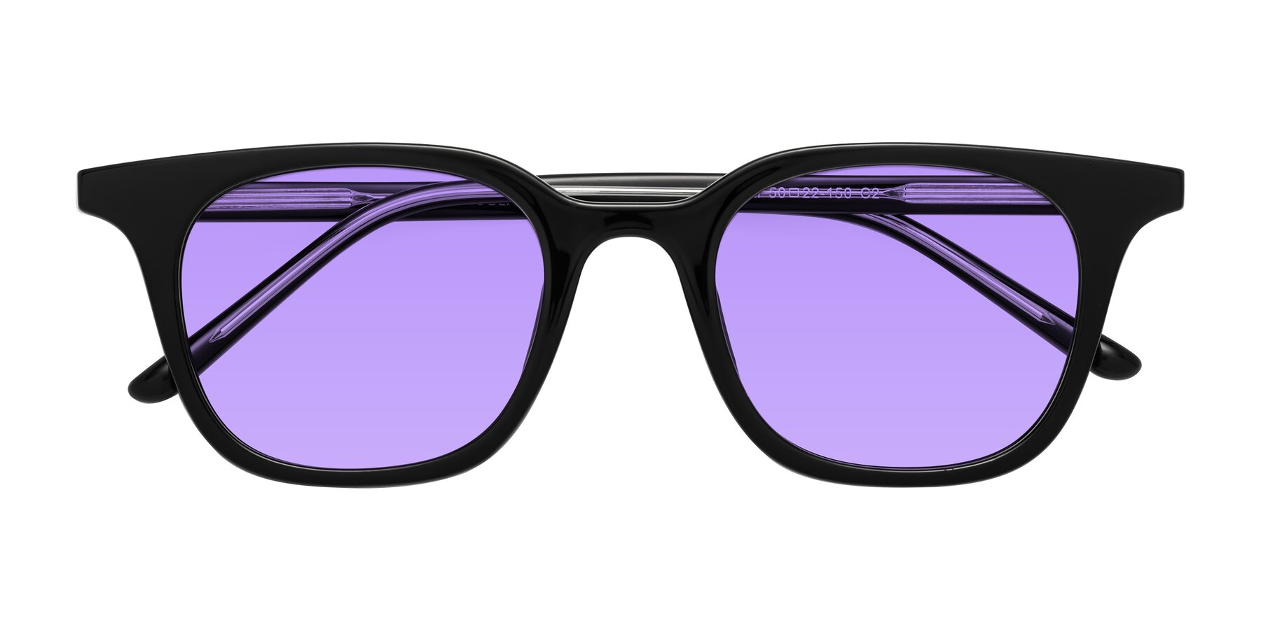Folded Front of Gemini in Black with Medium Purple Tinted Lenses