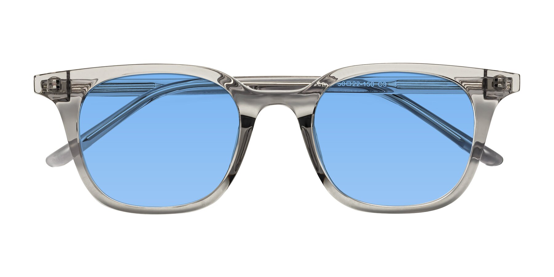 Folded Front of Gemini in Translucent Gray with Medium Blue Tinted Lenses
