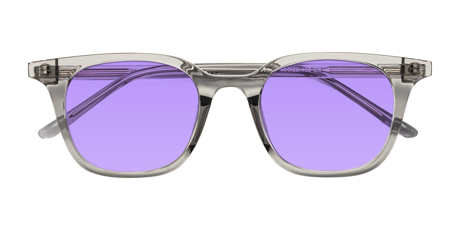 Folded Front of Gemini in Translucent Gray with Medium Purple Tinted Lenses