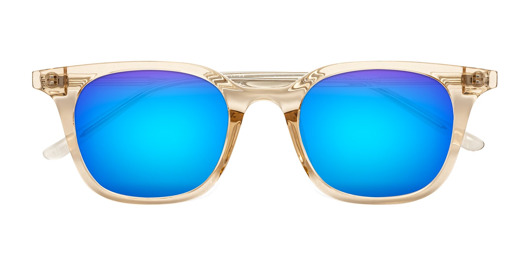 Folded Front of Gemini in Champagne with Blue Mirrored Lenses