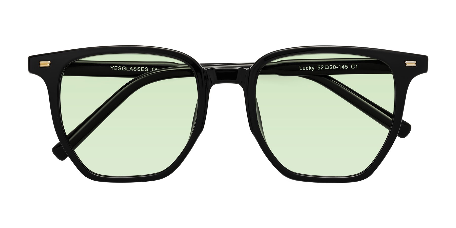 Folded Front of Lucky in Black with Light Green Tinted Lenses